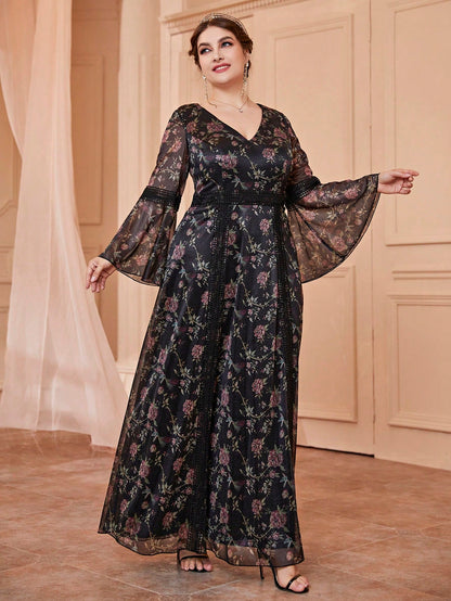 Simply Stunning: Plus Floral Print Flounce Sleeve Mesh Formal Dress