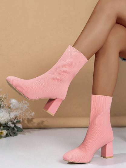 Women's Elegant & Fashionable Toe Boots In Beige With Chunky High Heels And Knitted Design