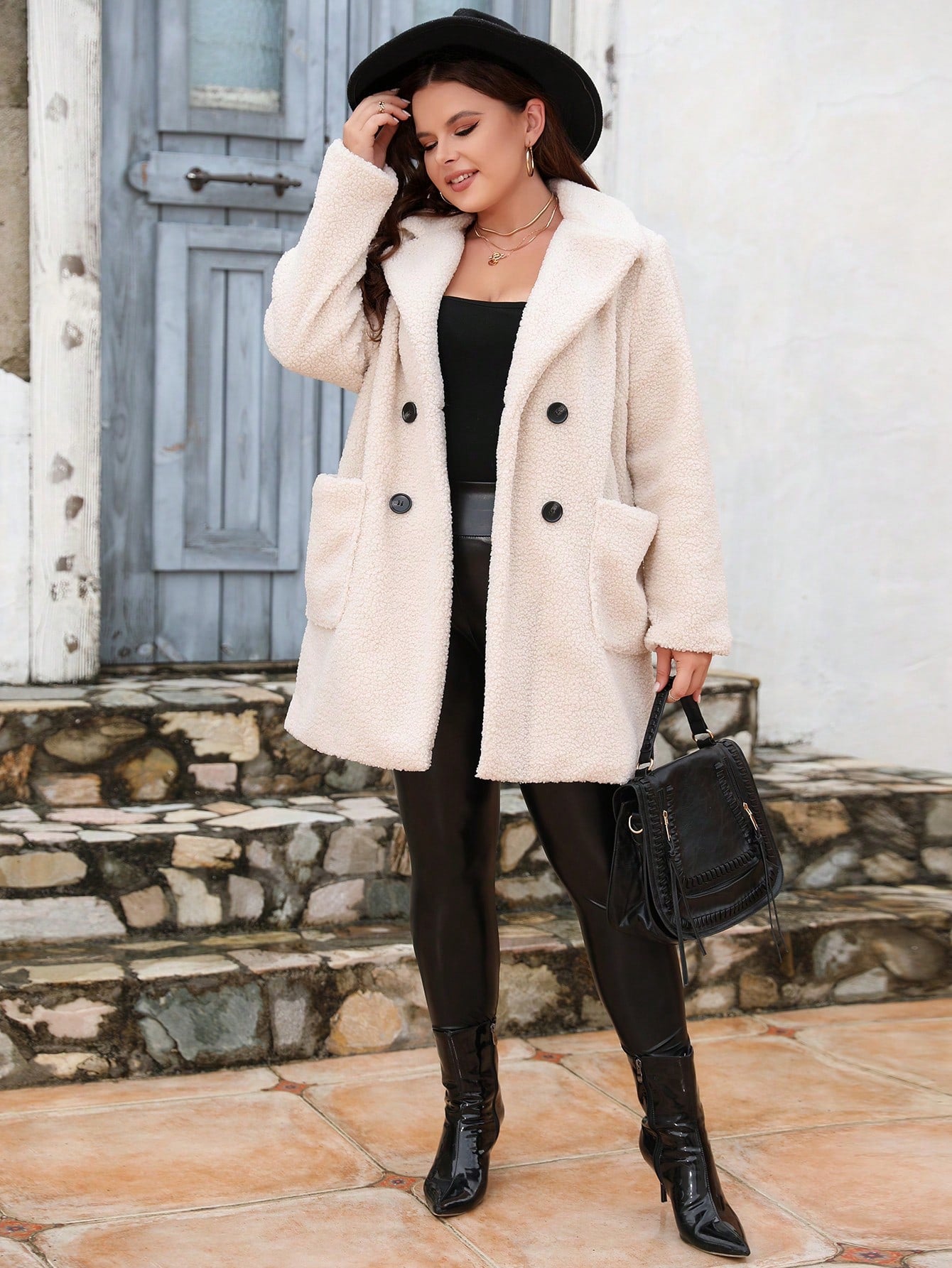 Double Breasted Dual Pocket Plus Size Teddy Coat