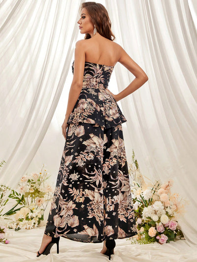 Chic Black Floral Print Layered Belted Strapless Jumpsuit