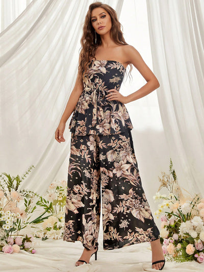 Chic Black Floral Print Layered Belted Strapless Jumpsuit