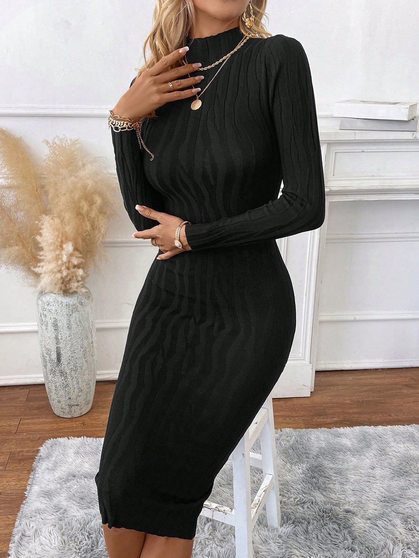 Mock Neck Knit Form-Fitting Sweater Dress: Embrace Cozy Elegance with a Stylish Twist-Free Shipping