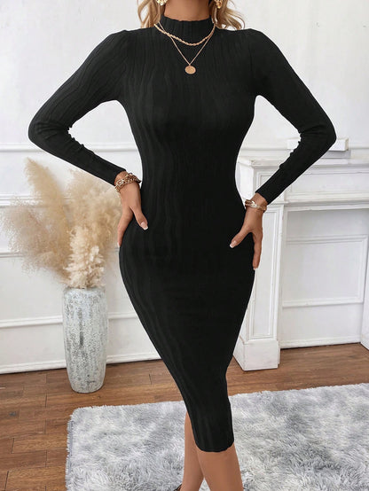 Mock Neck Knit Form-Fitting Sweater Dress: Embrace Cozy Elegance with a Stylish Twist-Free Shipping