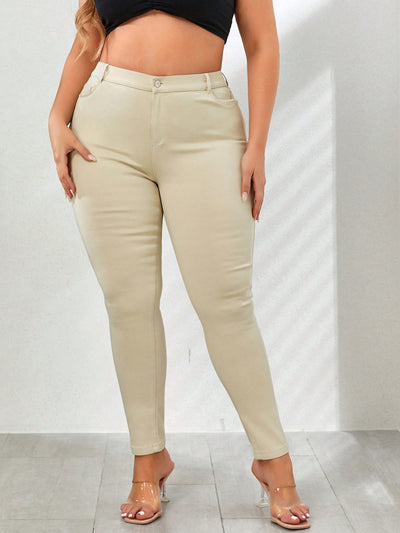 Stylish Plus Size Skinny Pants with Zipper Fly - Elegant Solid Trousers