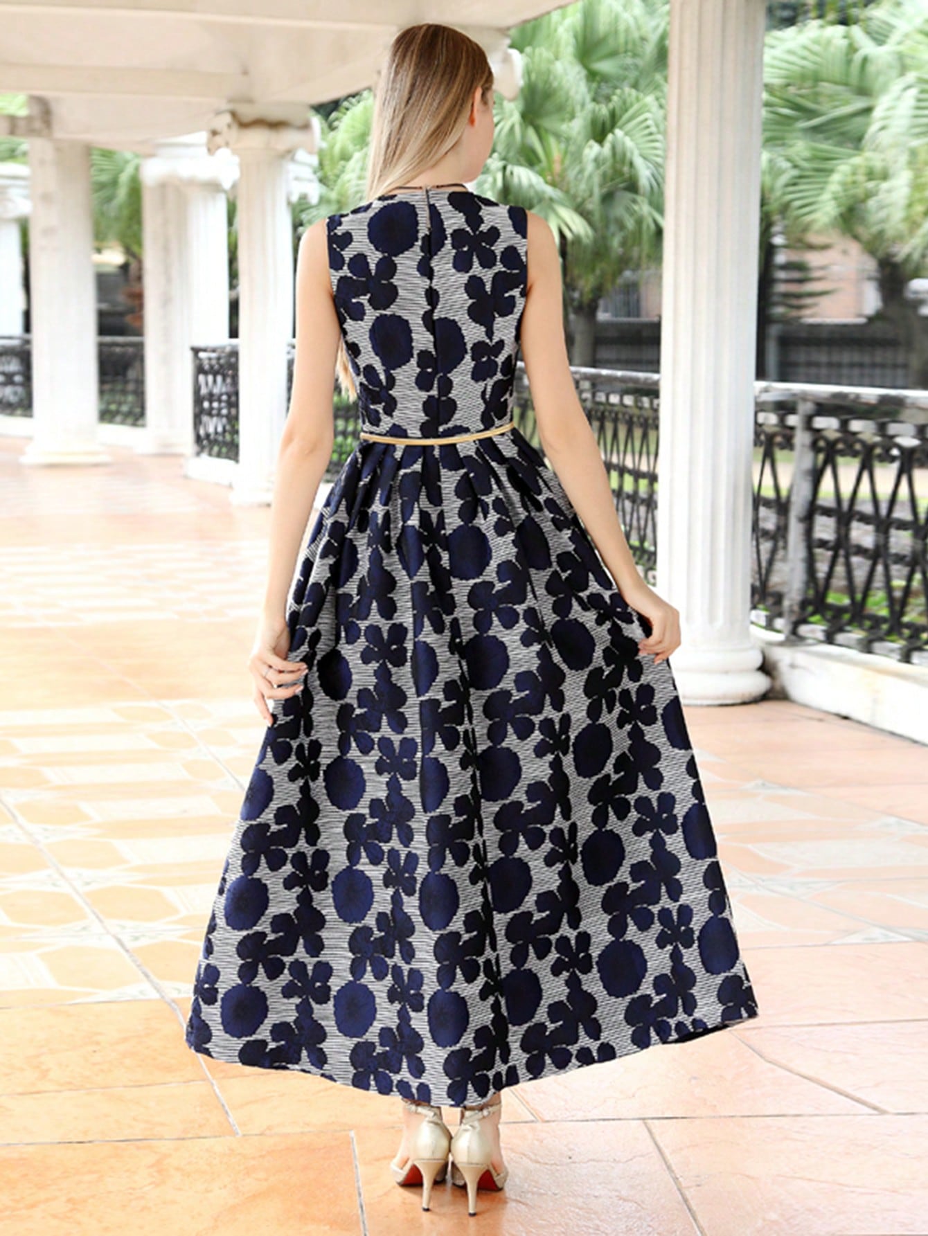 Elegant Floral Sleeveless Midi A-Line Dress(Belt Not Included)