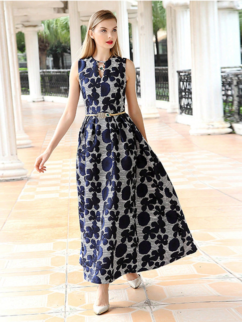 Elegant Floral Sleeveless Midi A-Line Dress(Belt Not Included) – Lady ...