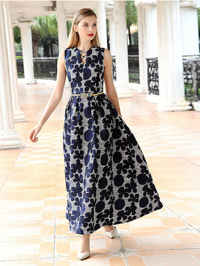 Elegant Floral Sleeveless Midi A-Line Dress(Belt Not Included)