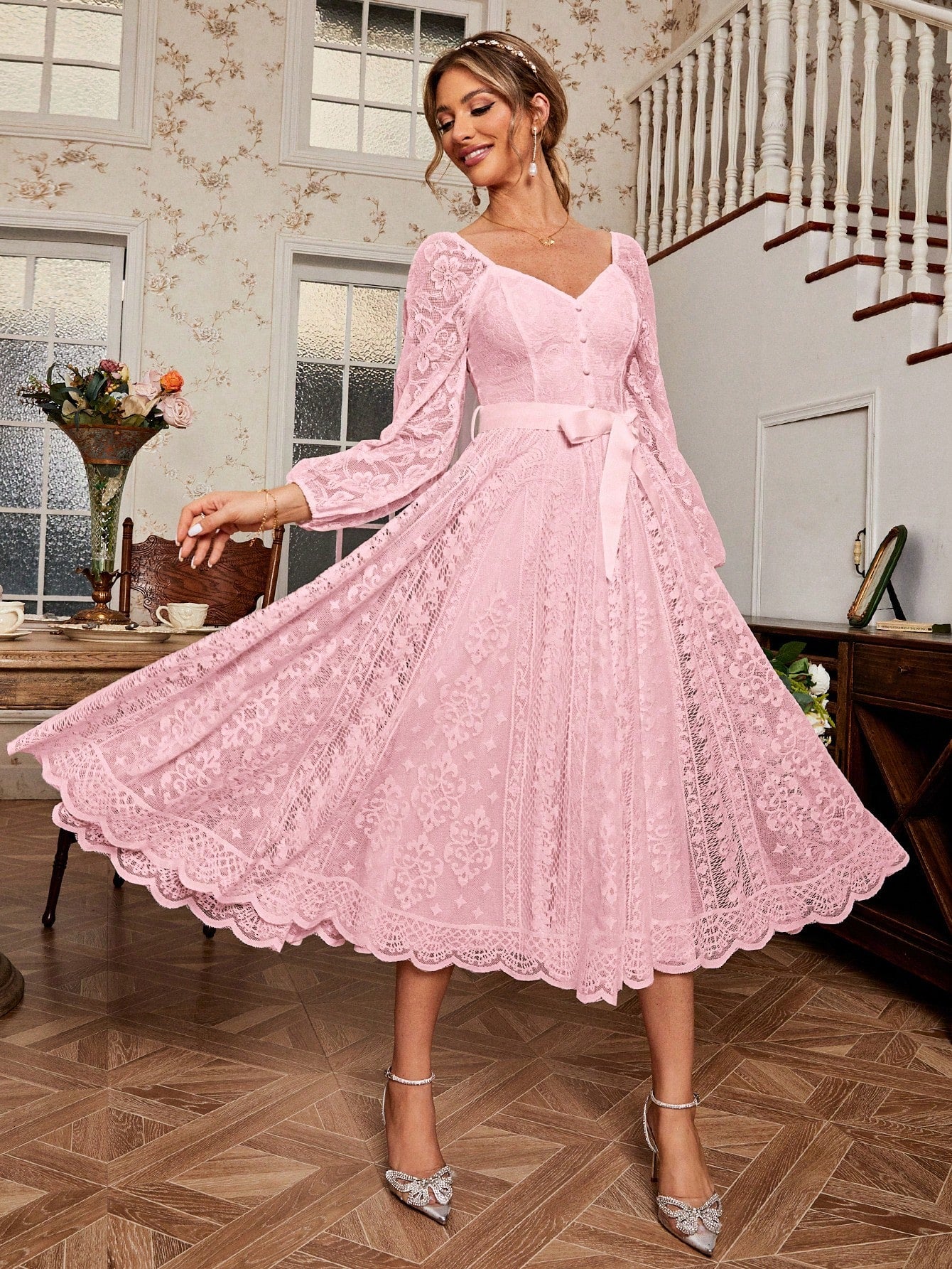 Elegant Sweetheart Neck Lace Lantern Sleeve Belted Waist Fit & Flare Dress