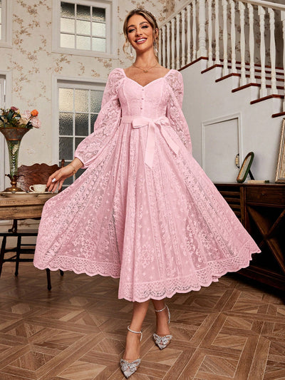 Elegant Sweetheart Neck Lace Lantern Sleeve Belted Waist Fit & Flare Dress