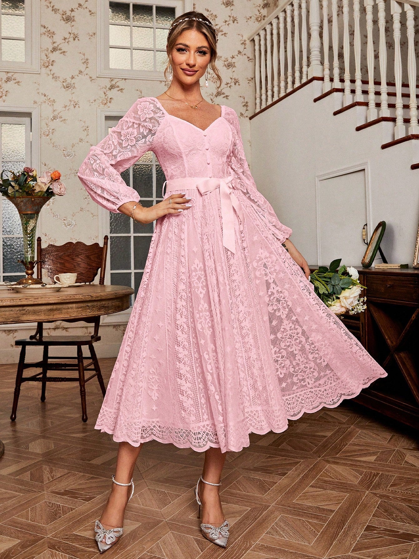 Elegant Sweetheart Neck Lace Lantern Sleeve Belted Waist Fit & Flare Dress