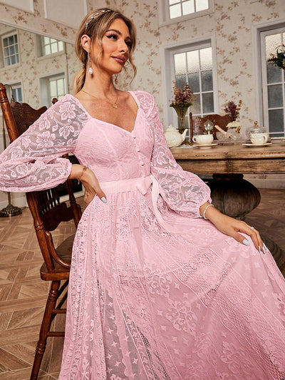 Elegant Sweetheart Neck Lace Lantern Sleeve Belted Waist Fit & Flare Dress