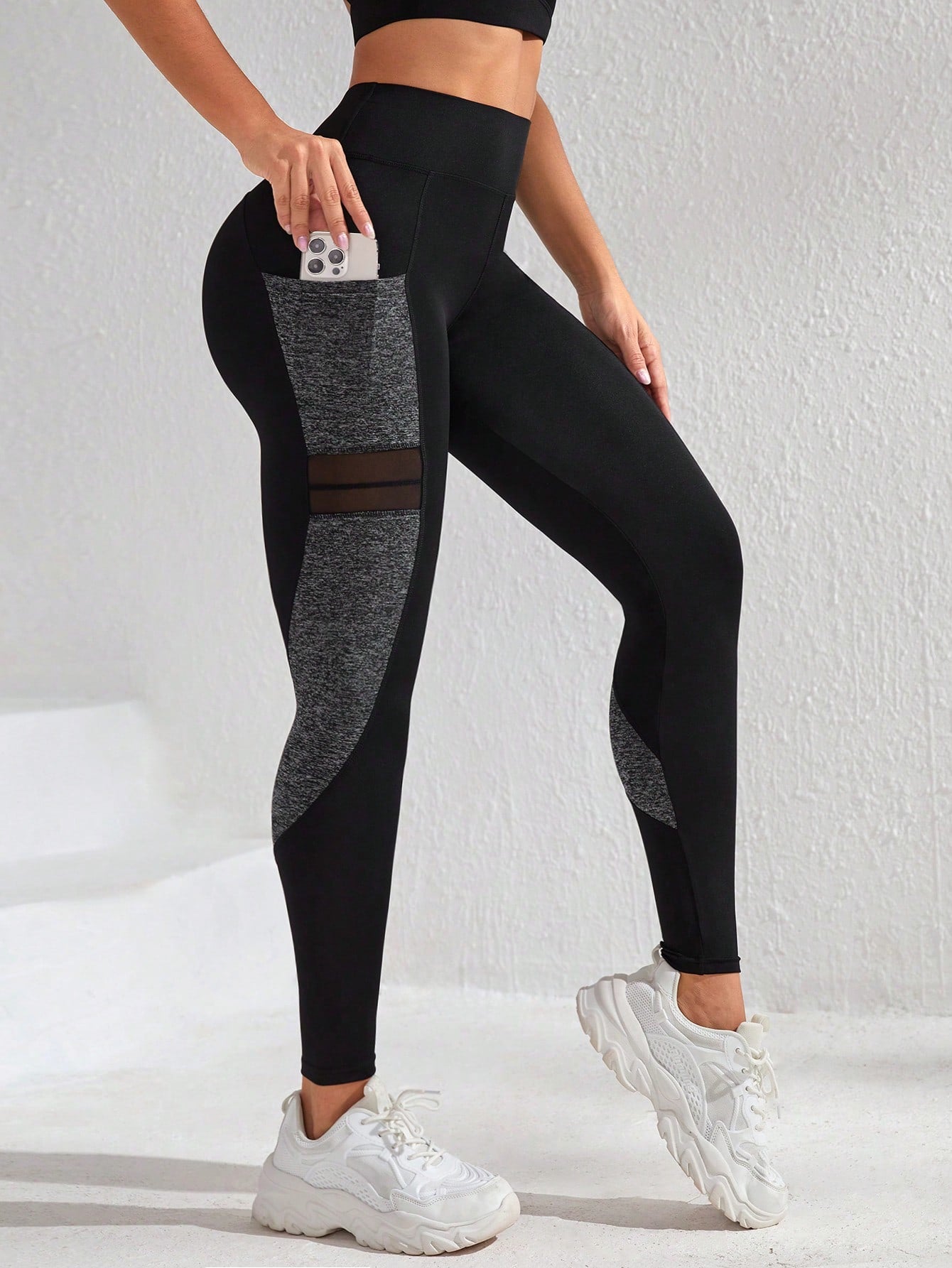 Colorblock Contrast Mesh Phone Pocket Sports Leggings: Activewear