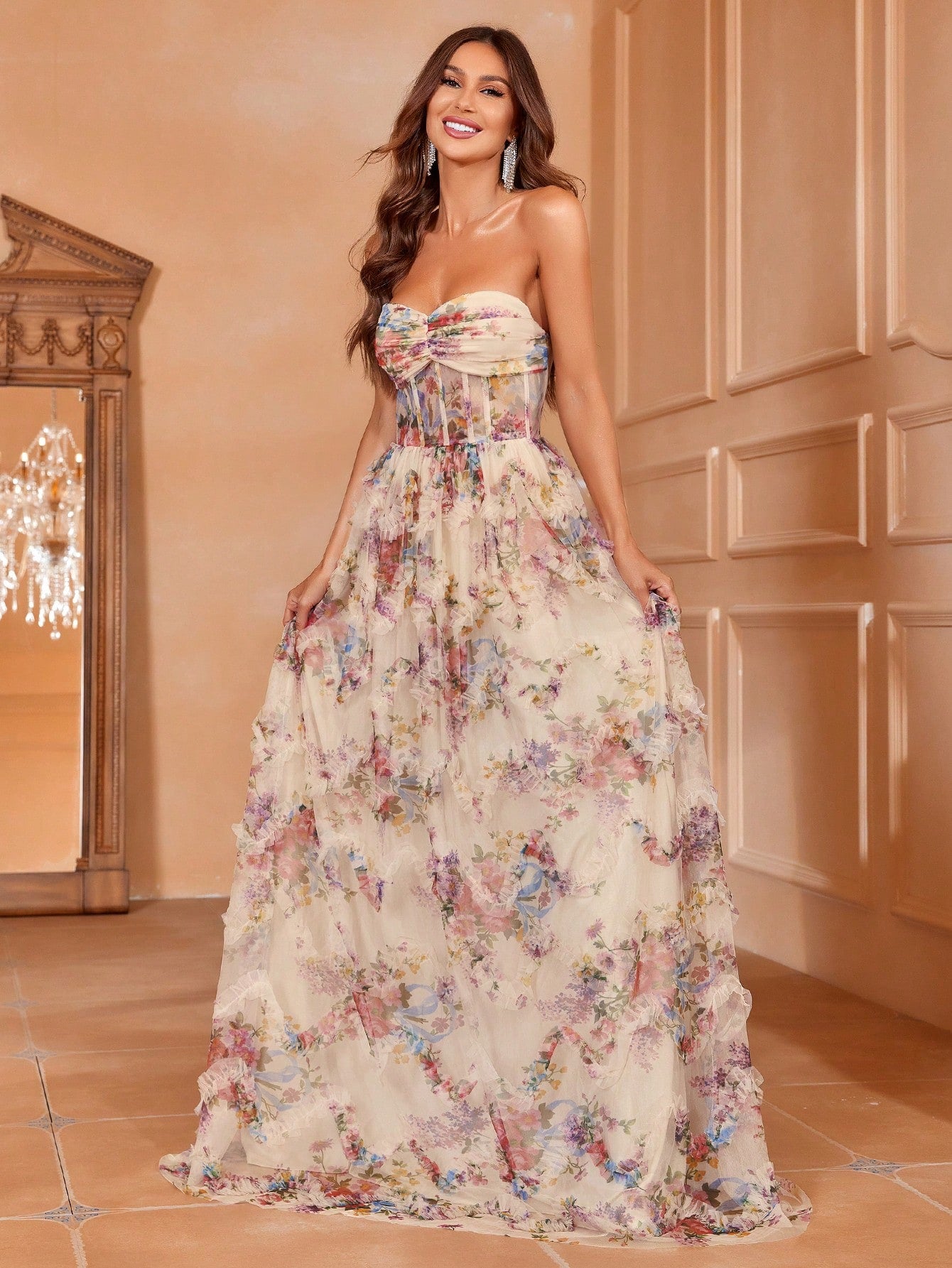 Exquisite Elegance: Floral Appliqué Mesh Strapless Formal Dress