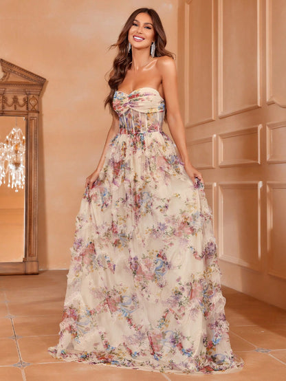 Exquisite Elegance: Floral Appliqué Mesh Strapless Formal Dress