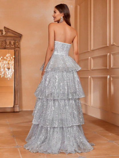 Stunning Layer Sequin Strapless Dress: Prom, Bridesmaid, Wedding Guest