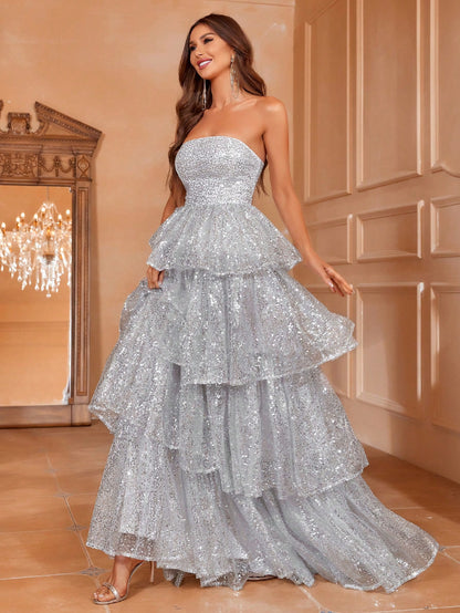 Stunning Layer Sequin Strapless Dress: Prom, Bridesmaid, Wedding Guest