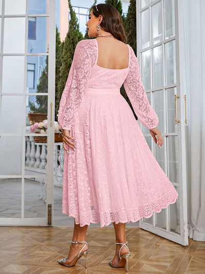 Plus Size Elegant Sweetheart Neck Lace Lantern Sleeve Belted Waist Fit & Flare Dress