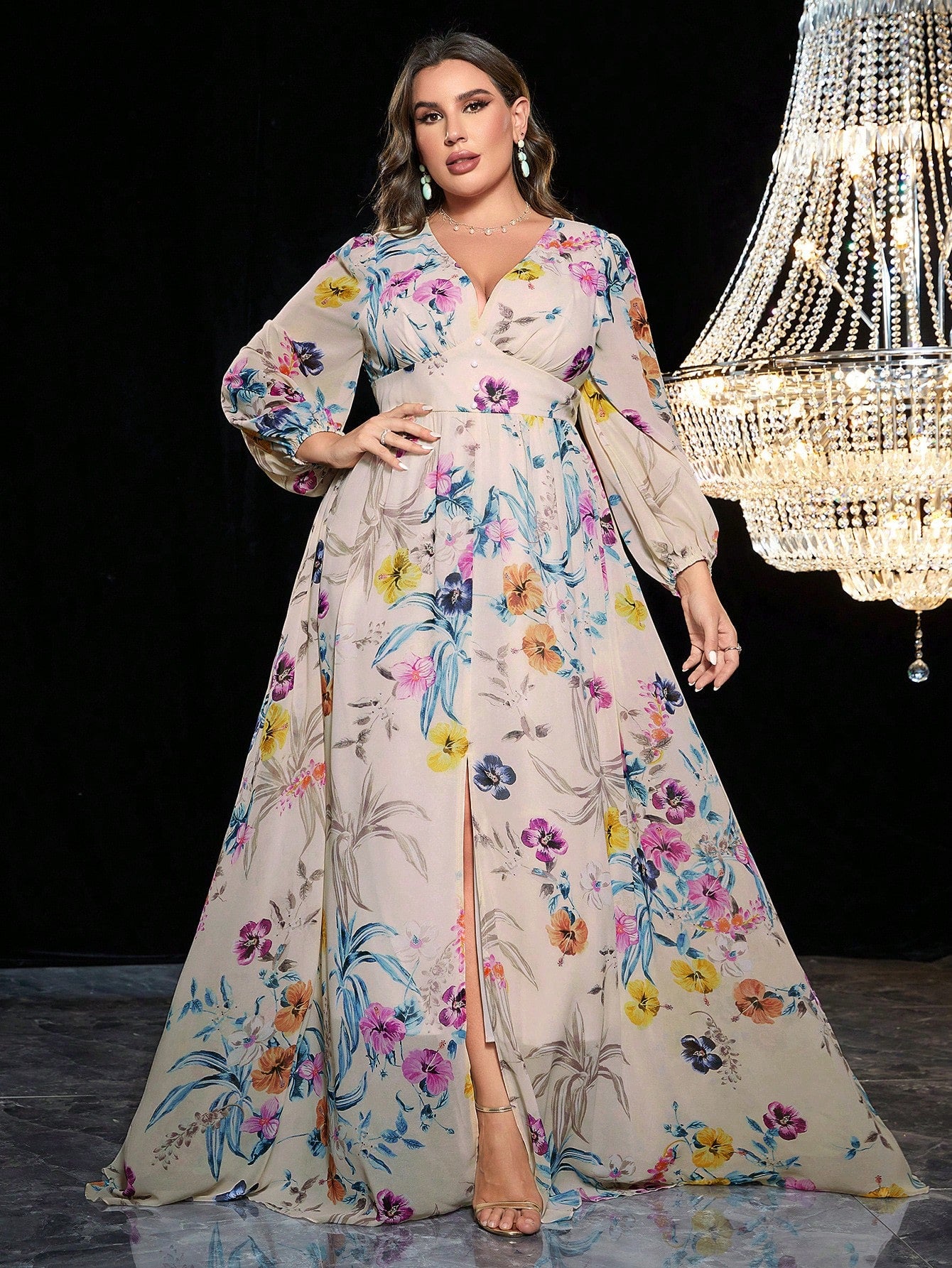 Enchanting Blooms: Plus-size Floral Print Lantern Sleeve Chiffon Dress Split Thigh-Free Shipping