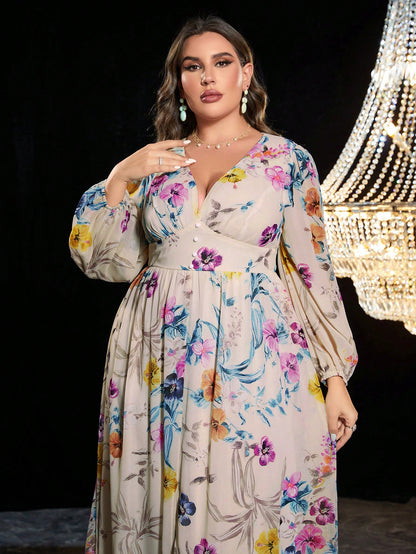 Enchanting Blooms: Plus-size Floral Print Lantern Sleeve Chiffon Dress Split Thigh-Free Shipping