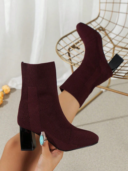 Women's Elegant & Fashionable Toe Boots In Beige With Chunky High Heels And Knitted Design