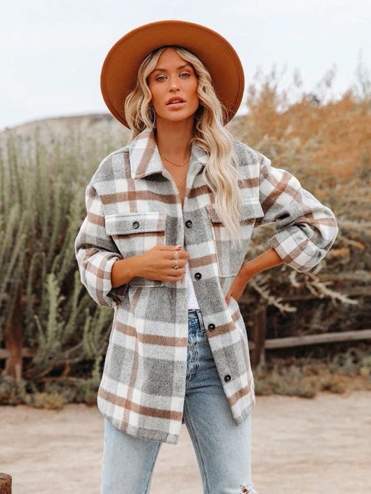 Plaid Flap Pocket Drop Shoulder Coat