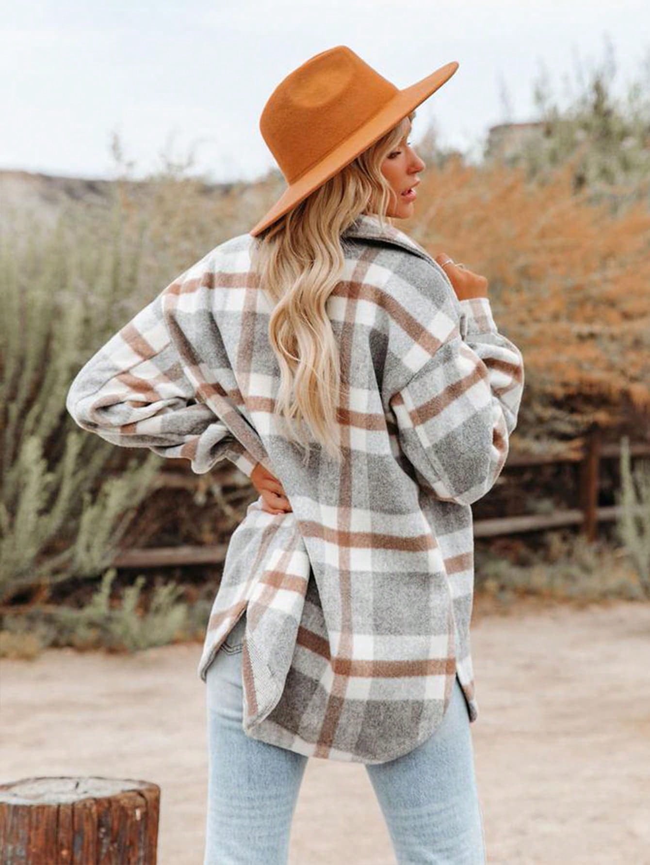 Plaid Flap Pocket Drop Shoulder Coat