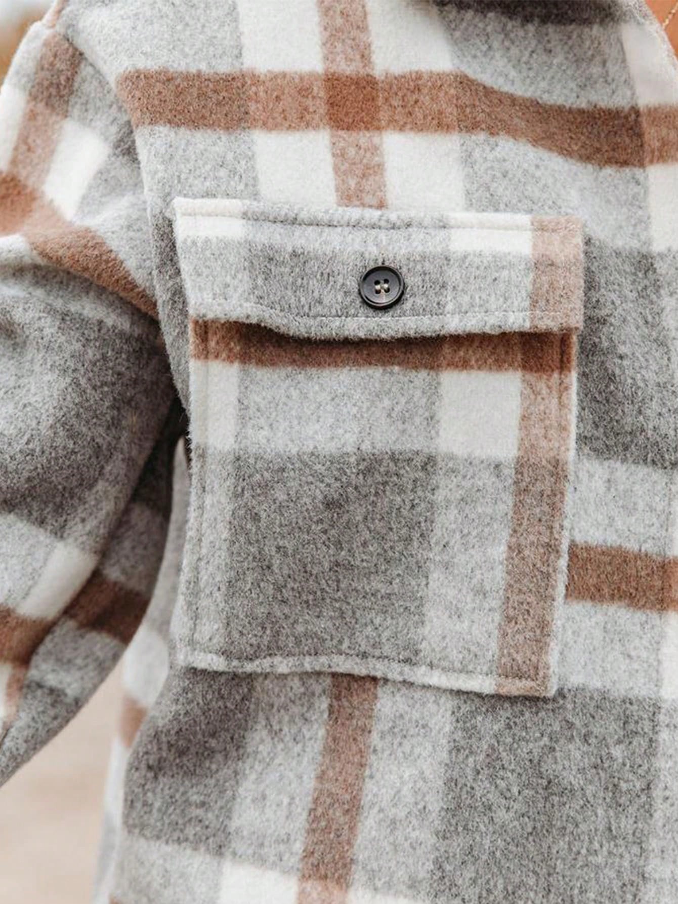 Plaid Flap Pocket Drop Shoulder Coat