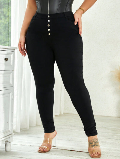 Plus Size High Waist Stretch Slant Pocket  Button Fly Skinny Pants