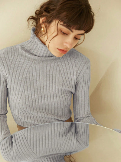 Stylish Knit Mix Solid Turtleneck Ribbed Knit Sweater