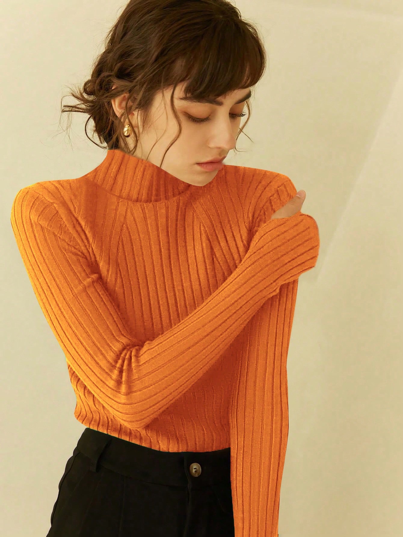 Stylish Knit Mix Solid Turtleneck Ribbed Knit Sweater