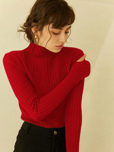 Stylish Knit Mix Solid Turtleneck Ribbed Knit Sweater