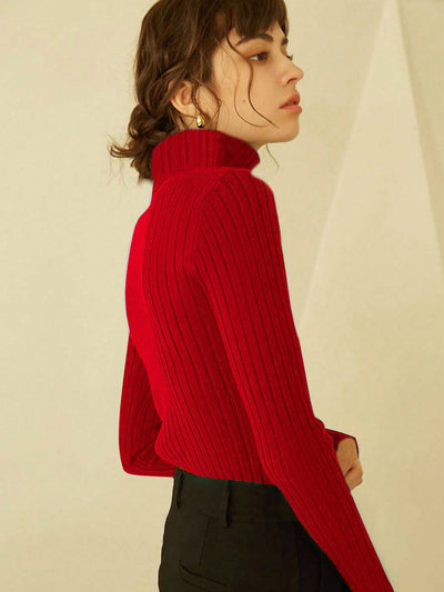 Stylish Knit Mix Solid Turtleneck Ribbed Knit Sweater