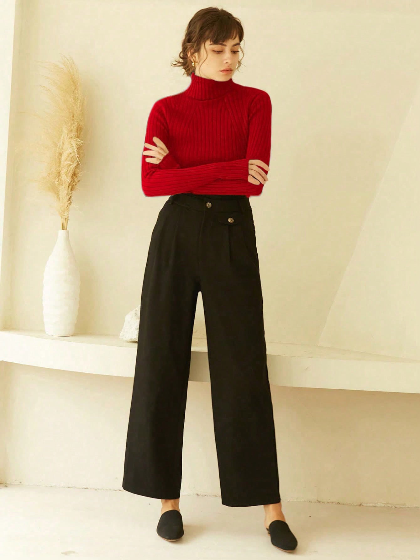 Stylish Knit Mix Solid Turtleneck Ribbed Knit Sweater