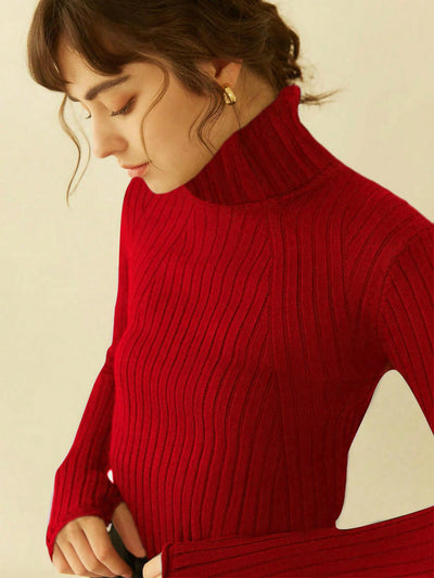 Stylish Knit Mix Solid Turtleneck Ribbed Knit Sweater