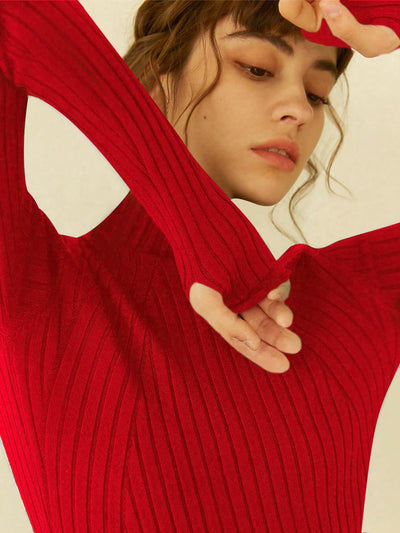 Stylish Knit Mix Solid Turtleneck Ribbed Knit Sweater