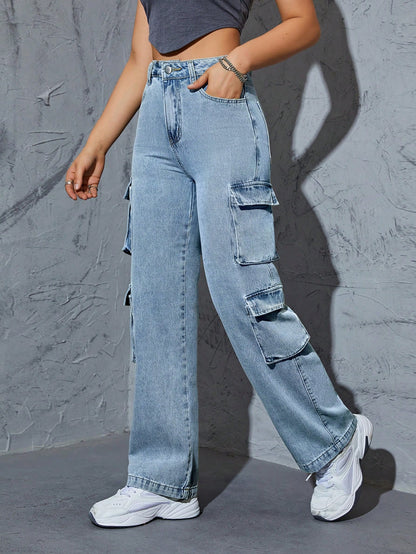 Cargo Jeans with Flap Pocket Sides - Stylish Denim