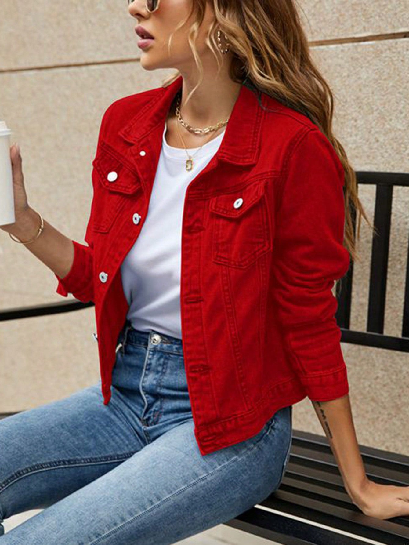 Classic Cool: Flap Pocket Button Front Red Denim Jacket