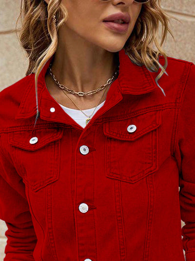 Classic Cool: Flap Pocket Button Front Red Denim Jacket