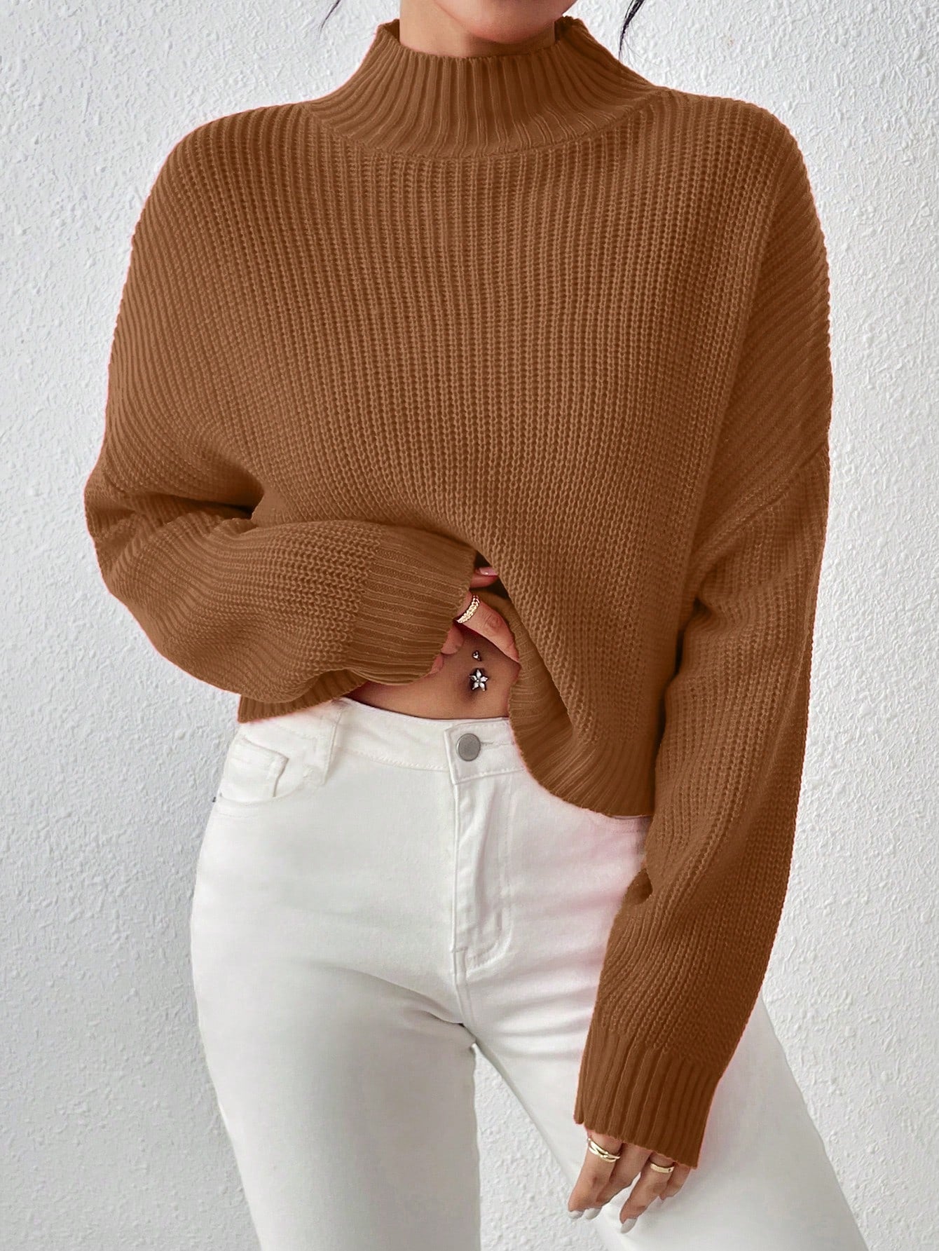 Cozy Comfort: Mock Neck Drop Shoulder Sweater for Effortless Style