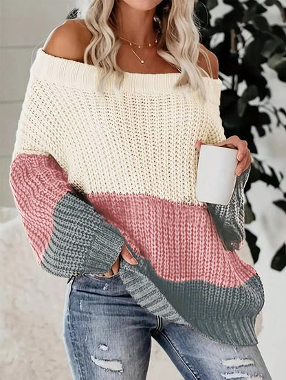 Cozy & Chic: Color-Block Off-Shoulder Sweater for Effortless Style