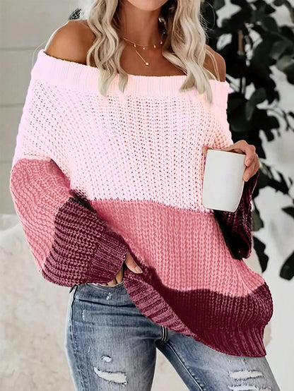 Cozy & Chic: Color-Block Off-Shoulder Sweater for Effortless Style