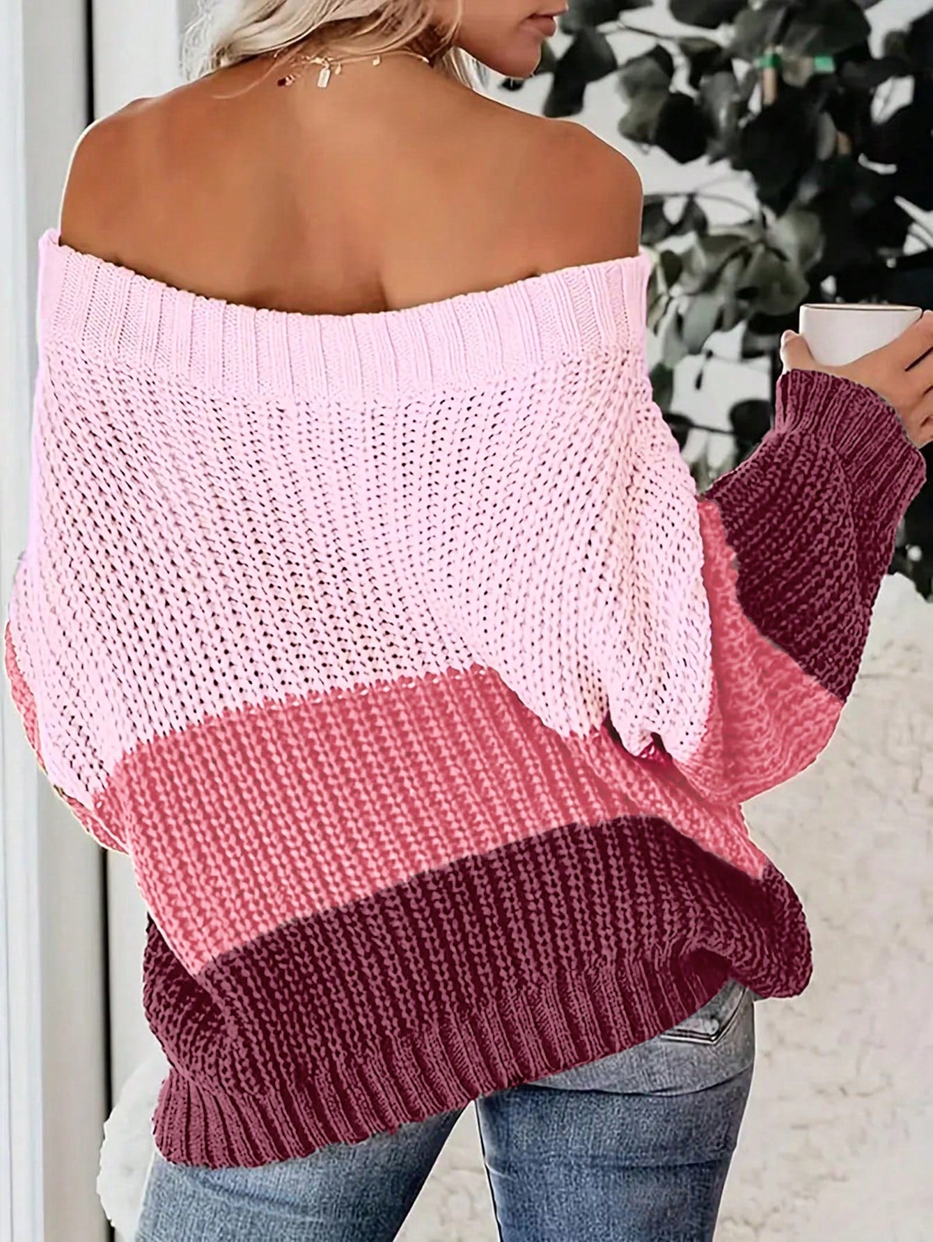 Cozy & Chic: Color-Block Off-Shoulder Sweater for Effortless Style