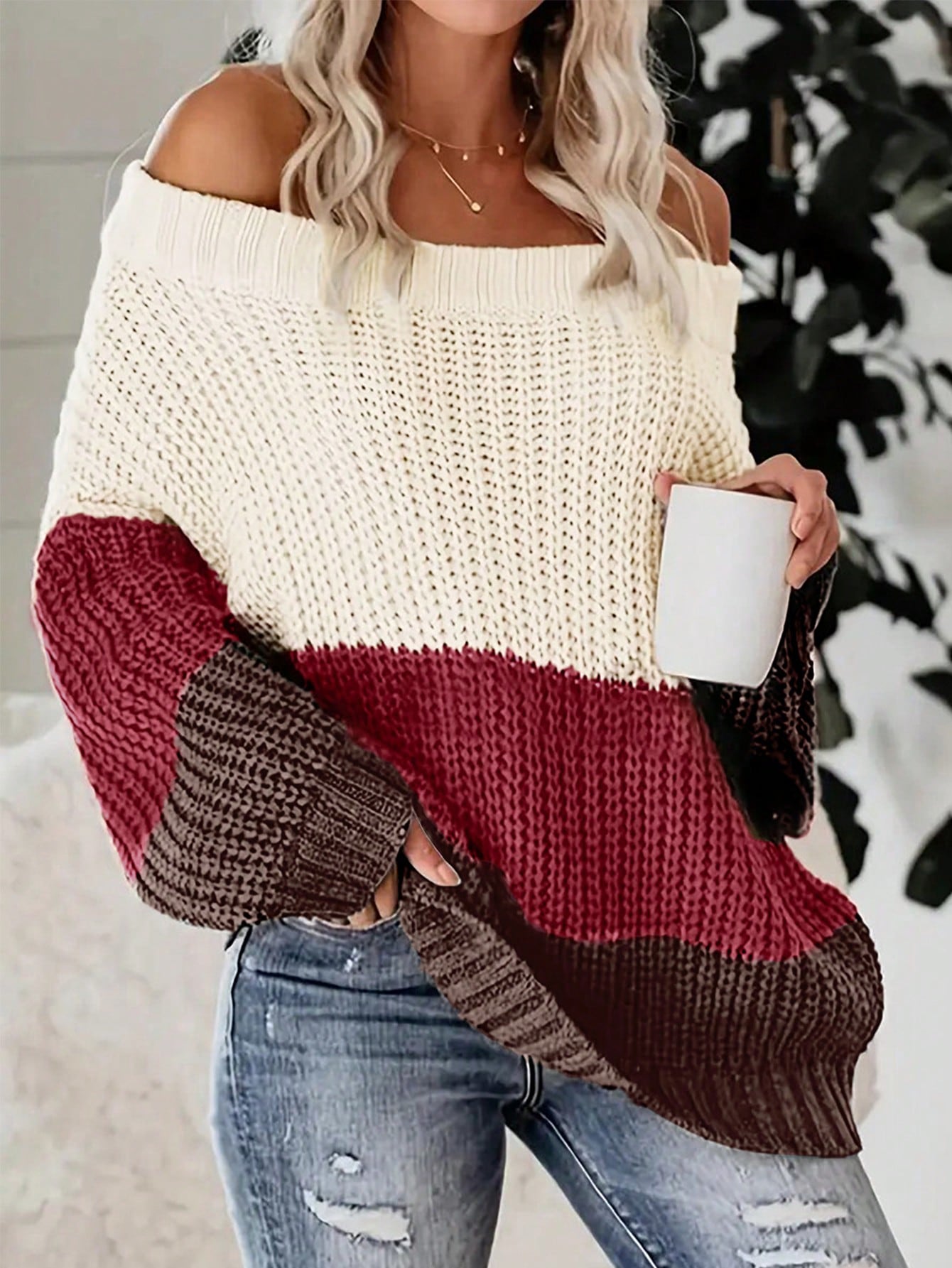 Cozy & Chic: Color-Block Off-Shoulder Sweater for Effortless Style