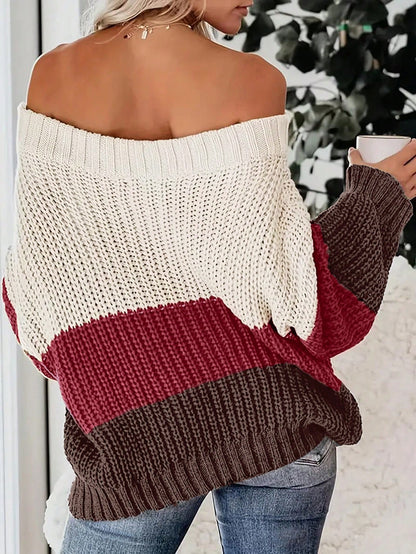 Cozy & Chic: Color-Block Off-Shoulder Sweater for Effortless Style