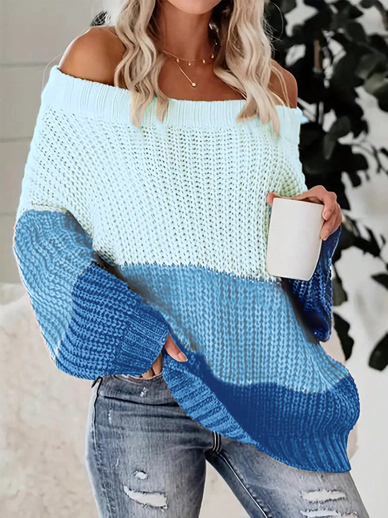 Cozy & Chic: Color-Block Off-Shoulder Sweater for Effortless Style