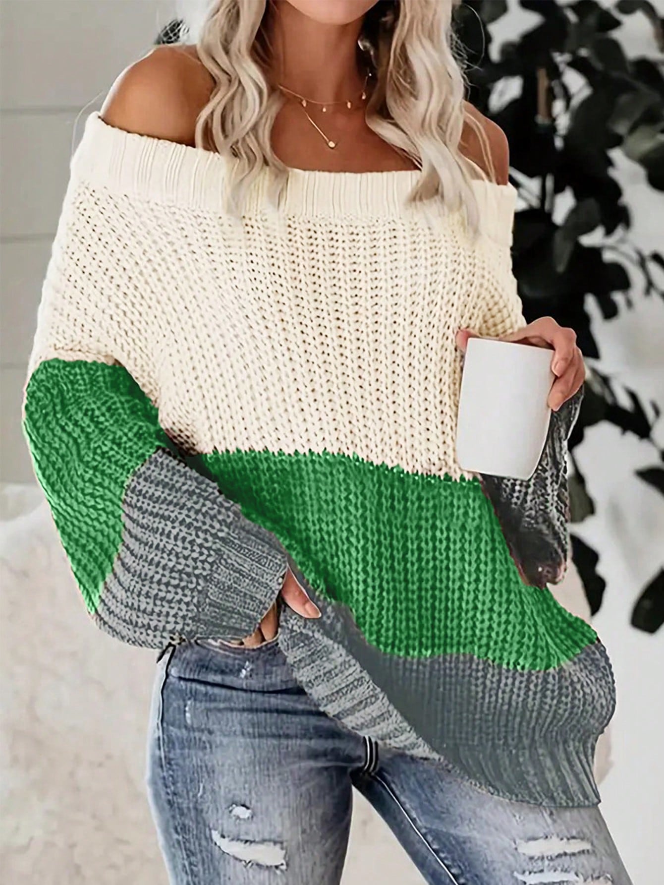 Cozy & Chic: Color-Block Off-Shoulder Sweater for Effortless Style