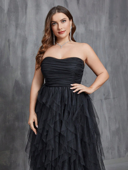 Plus Size Strapless Tulle Dress - Romantic Elegance Evening Gown