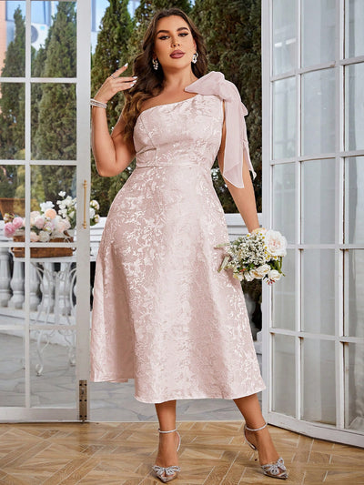 Graceful Elegance: Plus Size Bowknot Decorated Single Shoulder Sleeveless Jacquard Dress