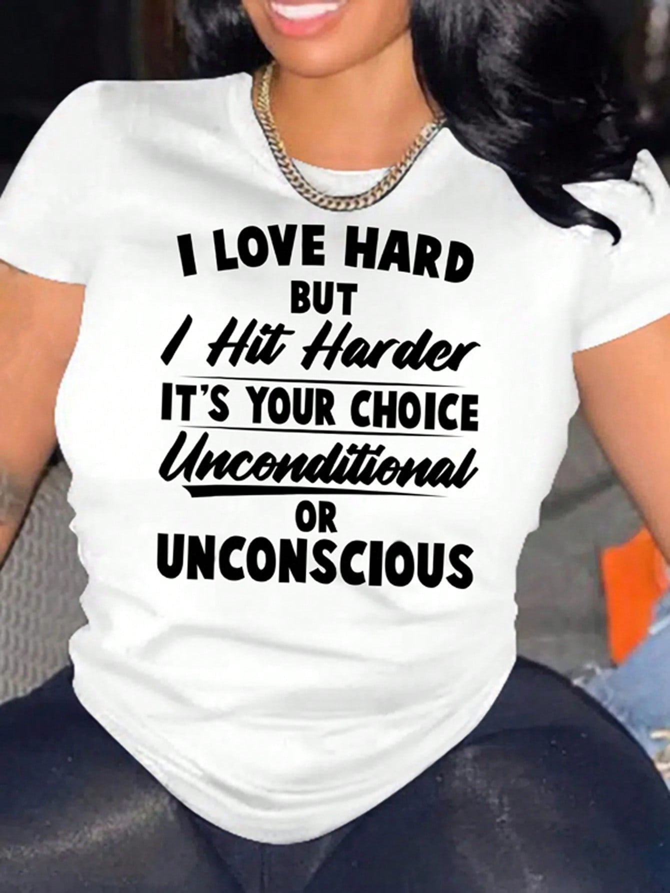 Women’s “I love Hard but I Hit Harder” Funny Quote Crew Neck T-Shirt