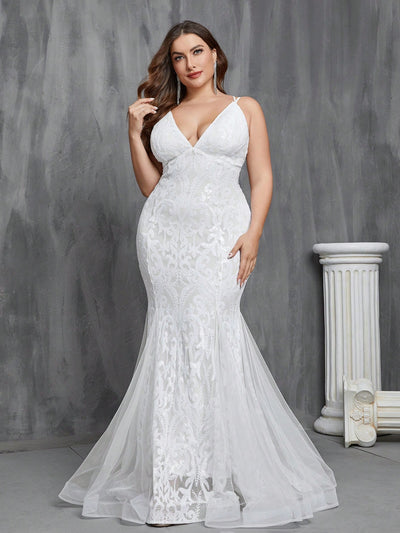 Sparkling Elegance: Plus Size Women's Mermaid Sequin Mesh Splicing Wedding Dress with Lace Up Back